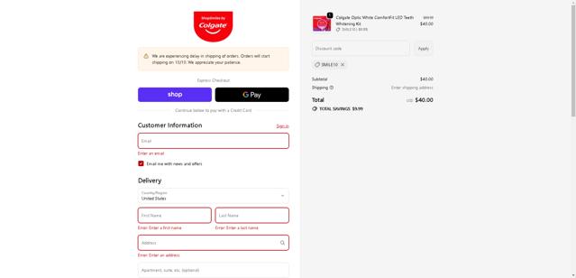 Colgate checkout page showing Colgate discount code box | Screenshot taken by SimplyCodes community member on Oct 4, 2025