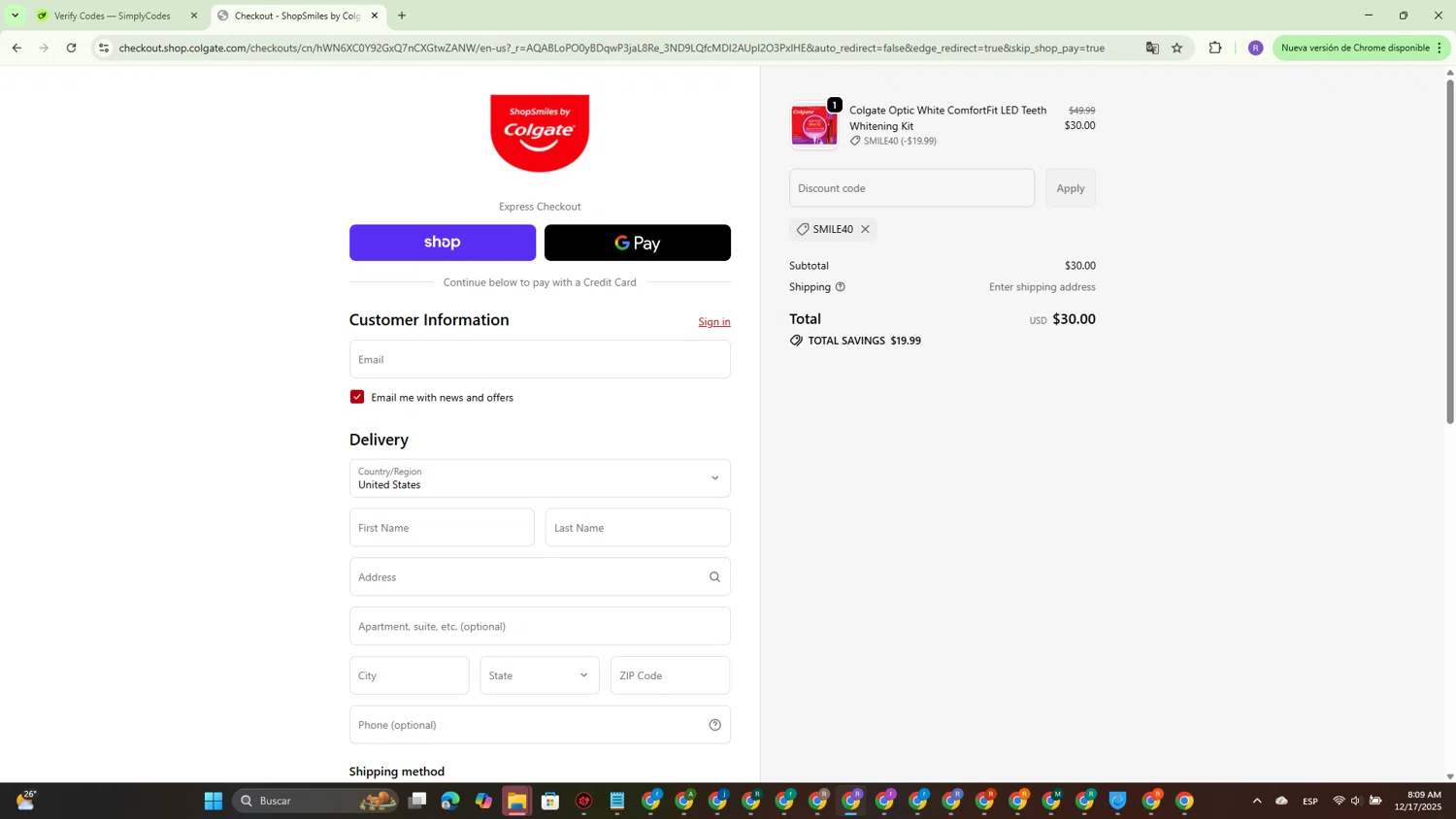 Colgate discount code screenshot showing code SMILE40 applied at Colgate checkout page. Uploaded by SimplyCodes community member CouponBoss4754 on Dec 17, 2025