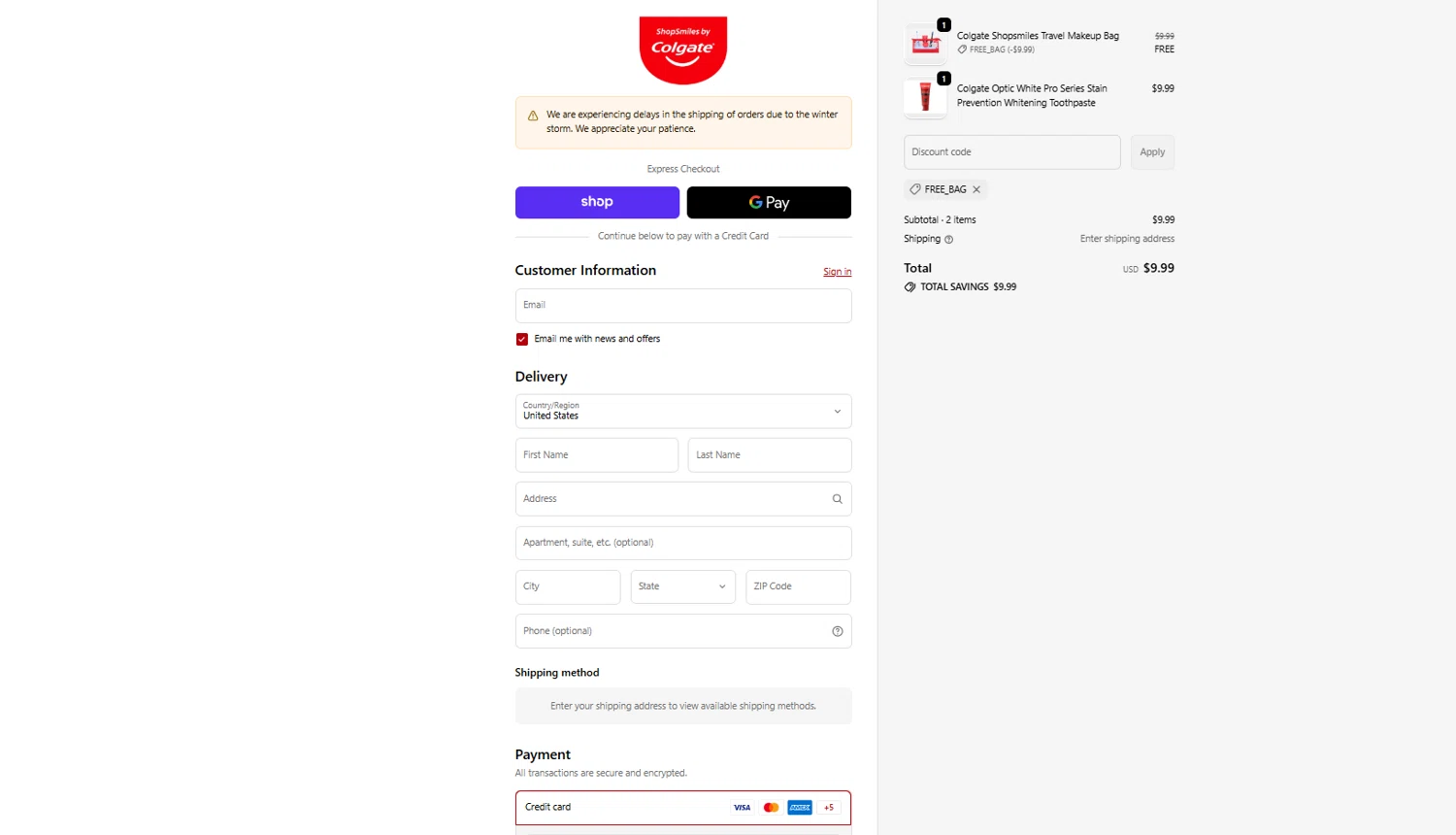 Colgate discount code screenshot showing code FREE_BAG applied at Colgate checkout page. Uploaded by SimplyCodes community member reggiesmith on Feb 5, 2026