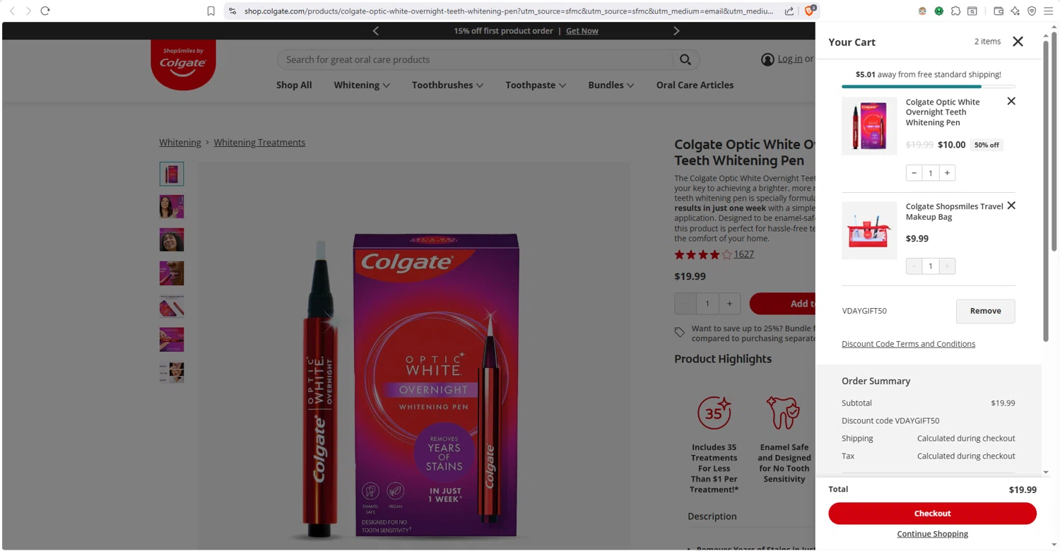 Colgate checkout page showing Colgate discount code box | Screenshot taken by SimplyCodes community member on Feb 12, 2026