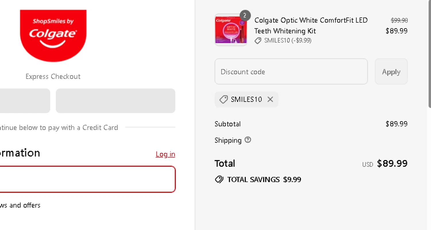 Colgate discount code screenshot showing code SMILES10 applied at Colgate checkout page. Uploaded by SimplyCodes community member AMANDA2681 on Aug 27, 2025