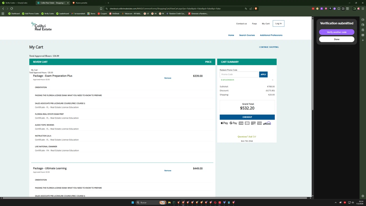 Colibri Real Estate promo code screenshot showing code GETLICENSED35 applied at Colibri Real Estate checkout page. Uploaded by SimplyCodes community member ilarrazaM3 on Jan 7, 2026