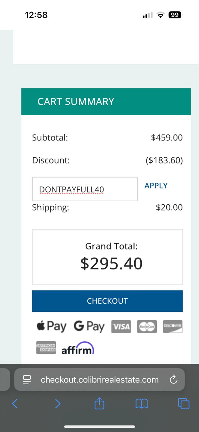 Colibri Real Estate checkout page showing Colibri Real Estate promo code box | Screenshot taken by SimplyCodes community member on Sep 15, 2025