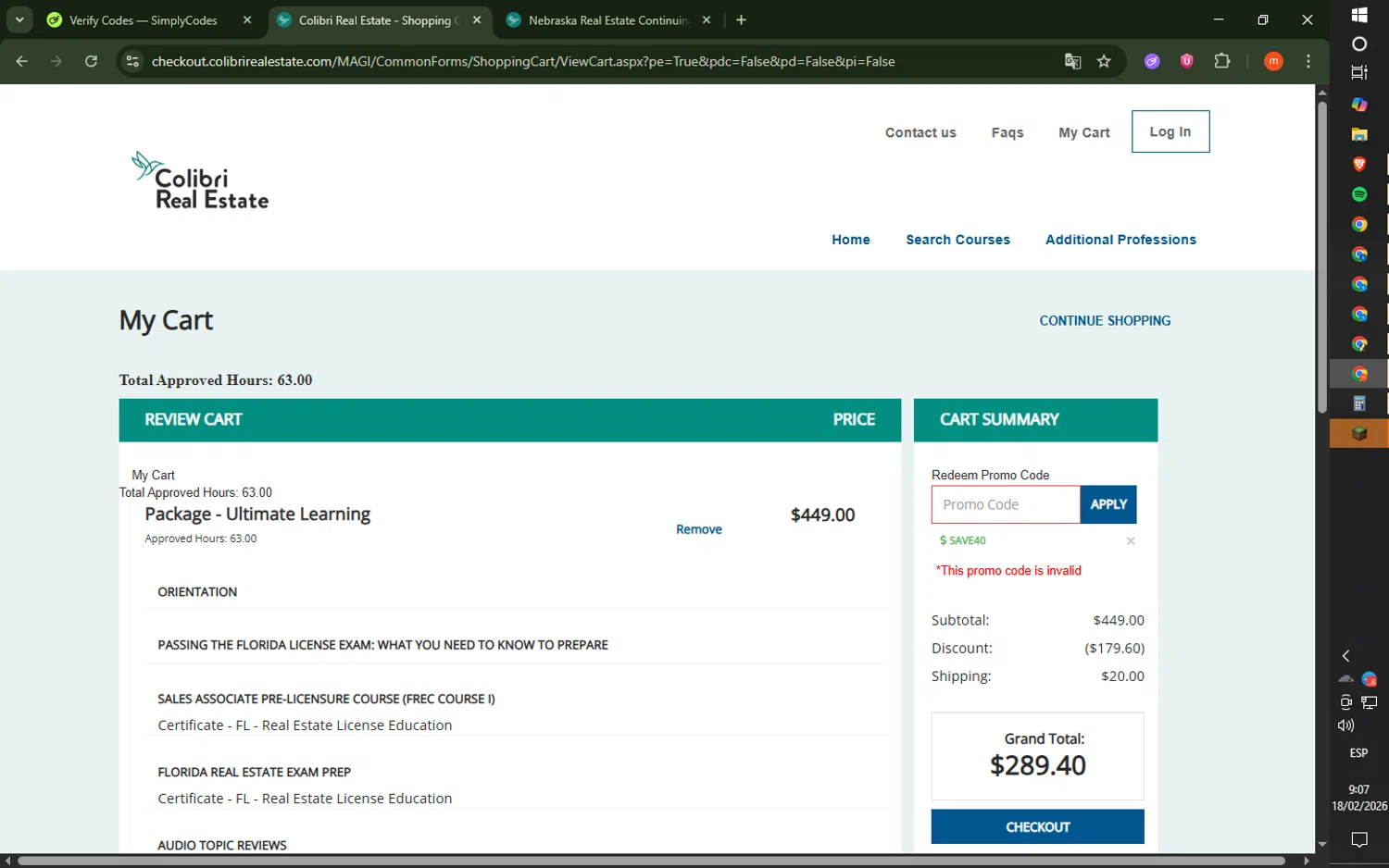 Colibri Real Estate promo code screenshot showing code GIFT40 applied at Colibri Real Estate checkout page. Uploaded by SimplyCodes community member SmartSaver5858 on Feb 18, 2026
