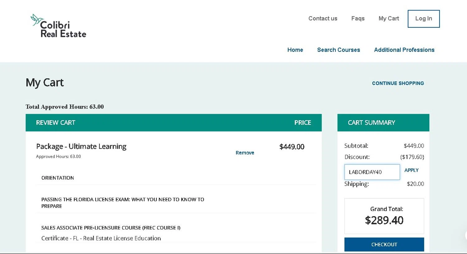 Colibri Real Estate promo code screenshot showing code LABORDAY40 applied at Colibri Real Estate checkout page. Uploaded by SimplyCodes community member LAMINEJAMAL on Aug 29, 2025