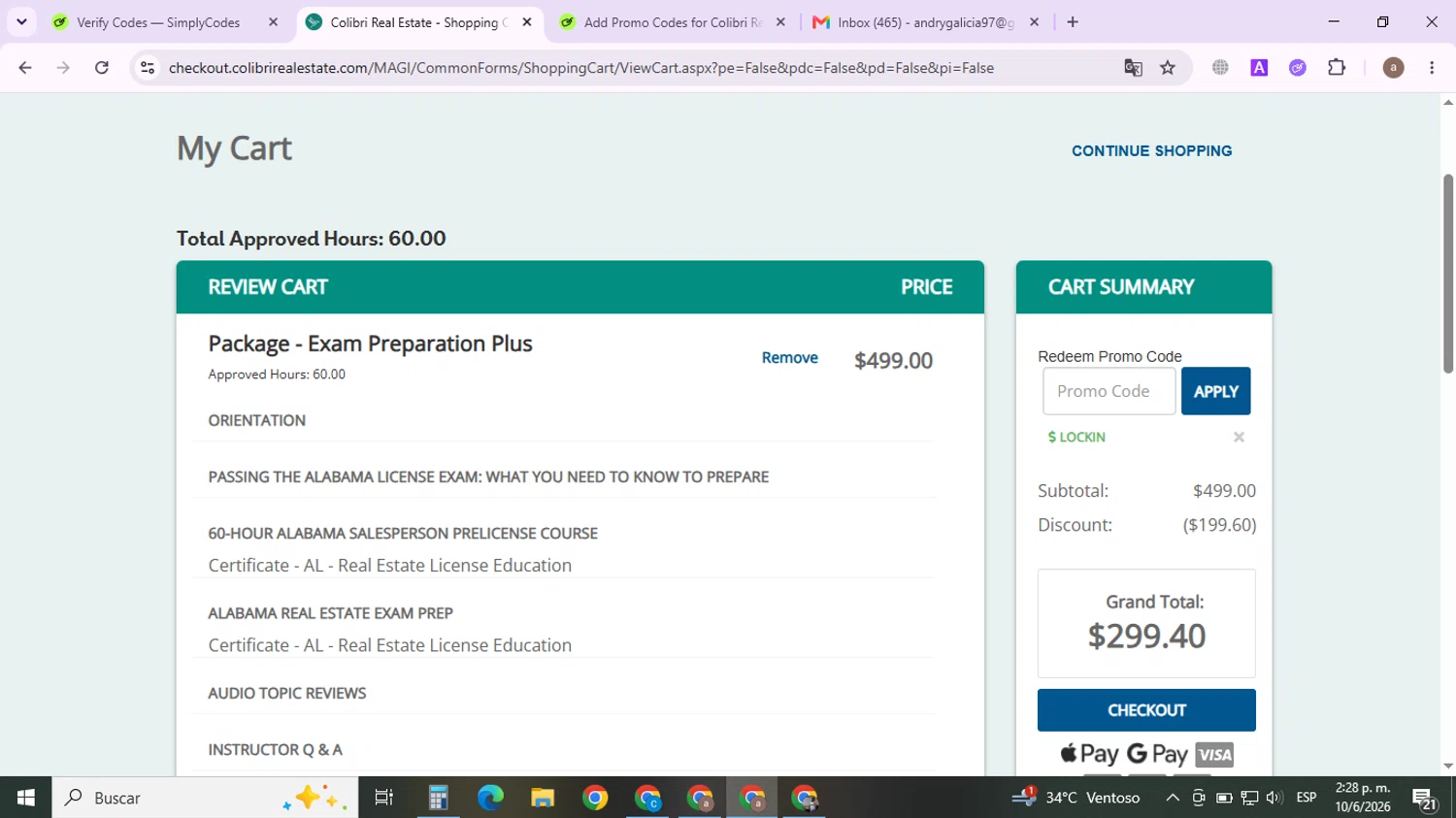 Colibri Real Estate promo code screenshot showing code LOCKIN applied at Colibri Real Estate checkout page. Uploaded by SimplyCodes community member LuckyHawk2225 on Jun 10, 2026