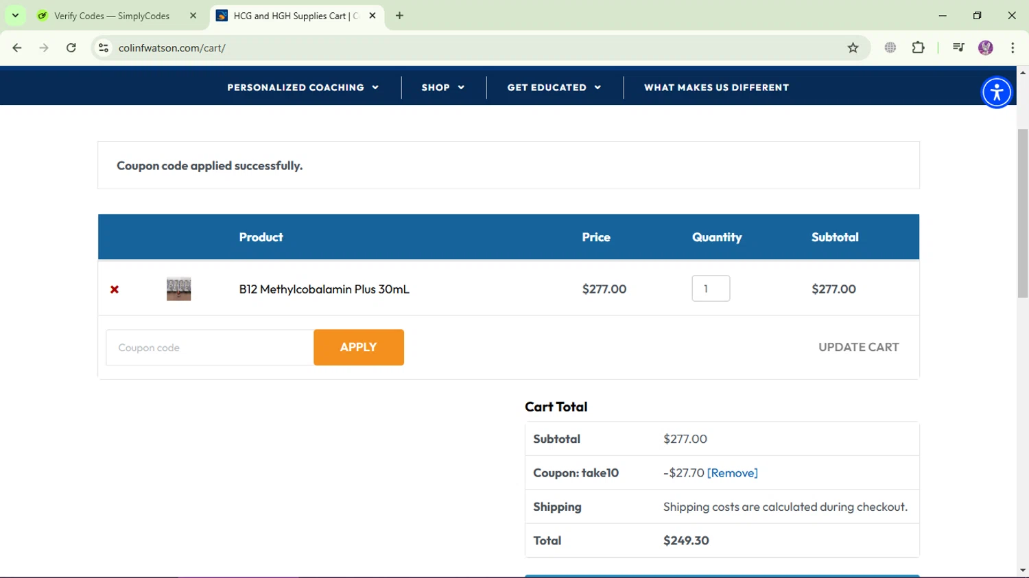 Colin F. Watson coupon code screenshot showing code TAKE10 applied at Colin F. Watson checkout page. Uploaded by SimplyCodes community member LassoReyes on Dec 29, 2024