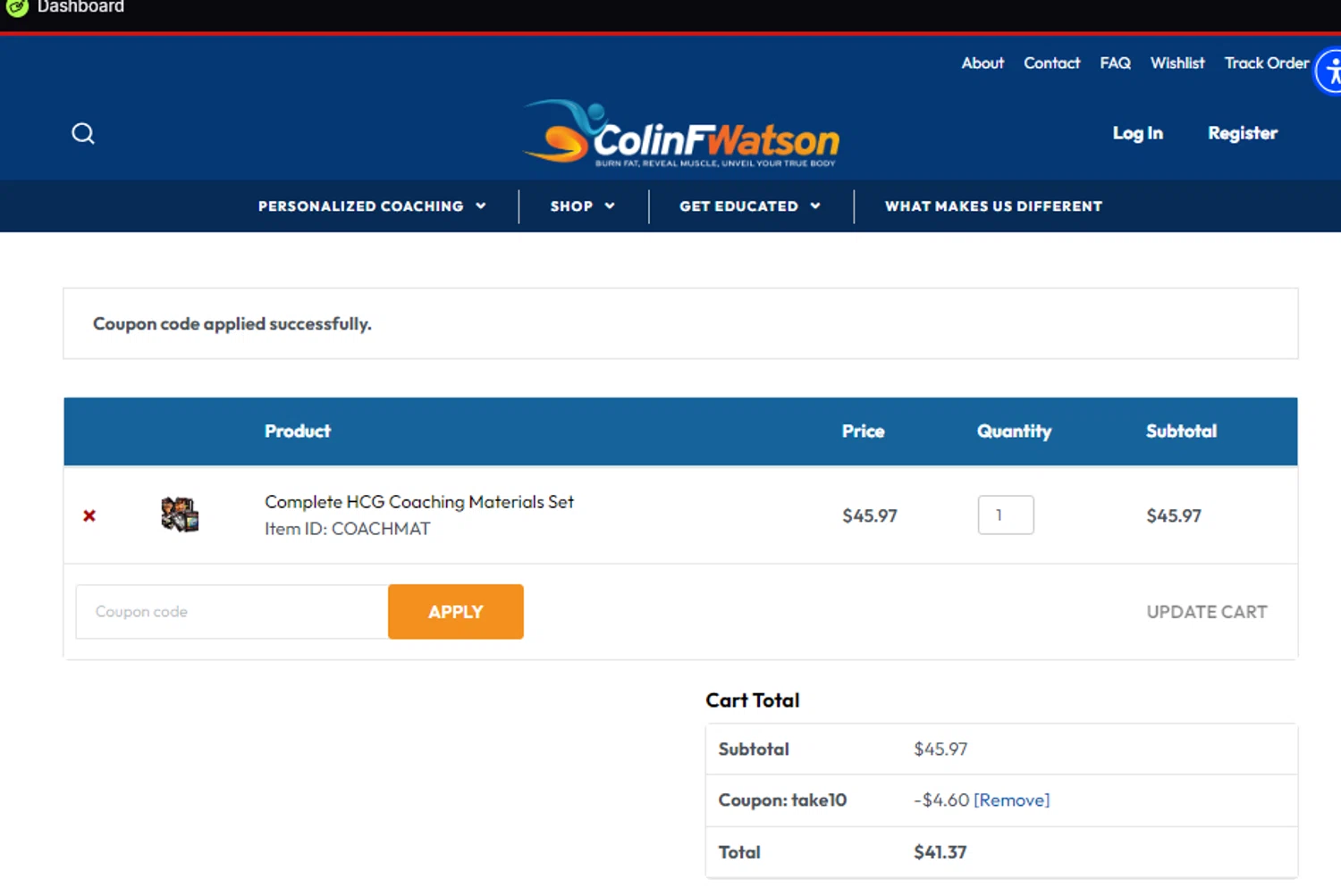 Colin F. Watson coupon code screenshot showing code TAKE10 applied at Colin F. Watson checkout page. Uploaded by SimplyCodes community member lyffytaro on Dec 29, 2024