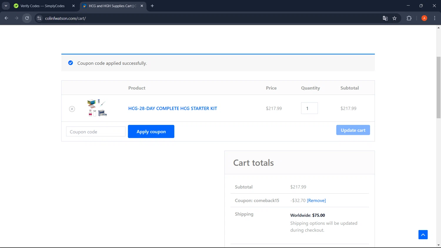 Colin F. Watson coupon code screenshot showing code COMEBACK15 applied at Colin F. Watson checkout page. Uploaded by SimplyCodes community member GoldChaser2970 on Apr 7, 2025