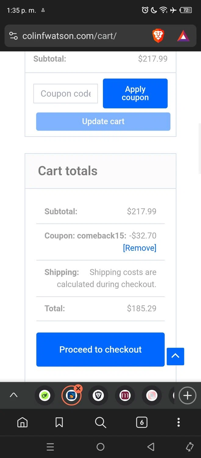 Colin F. Watson coupon code screenshot showing code COMEBACK15 applied at Colin F. Watson checkout page. Uploaded by SimplyCodes community member WonderFox2749 on Mar 28, 2025