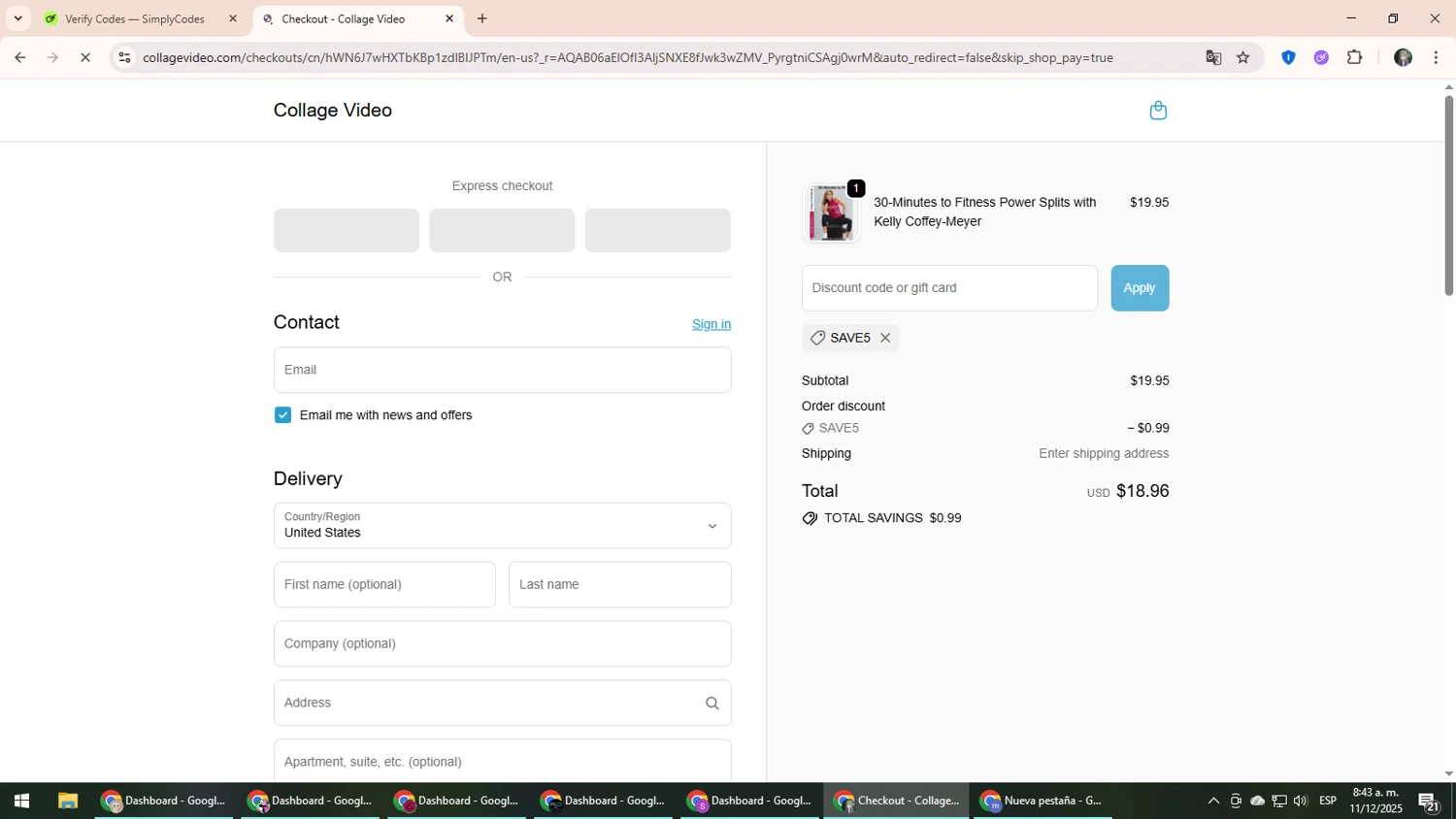 Collage Video promo code screenshot showing code SAVE5 applied at Collage Video checkout page. Uploaded by SimplyCodes community member CleverLynx6871 on Dec 11, 2025