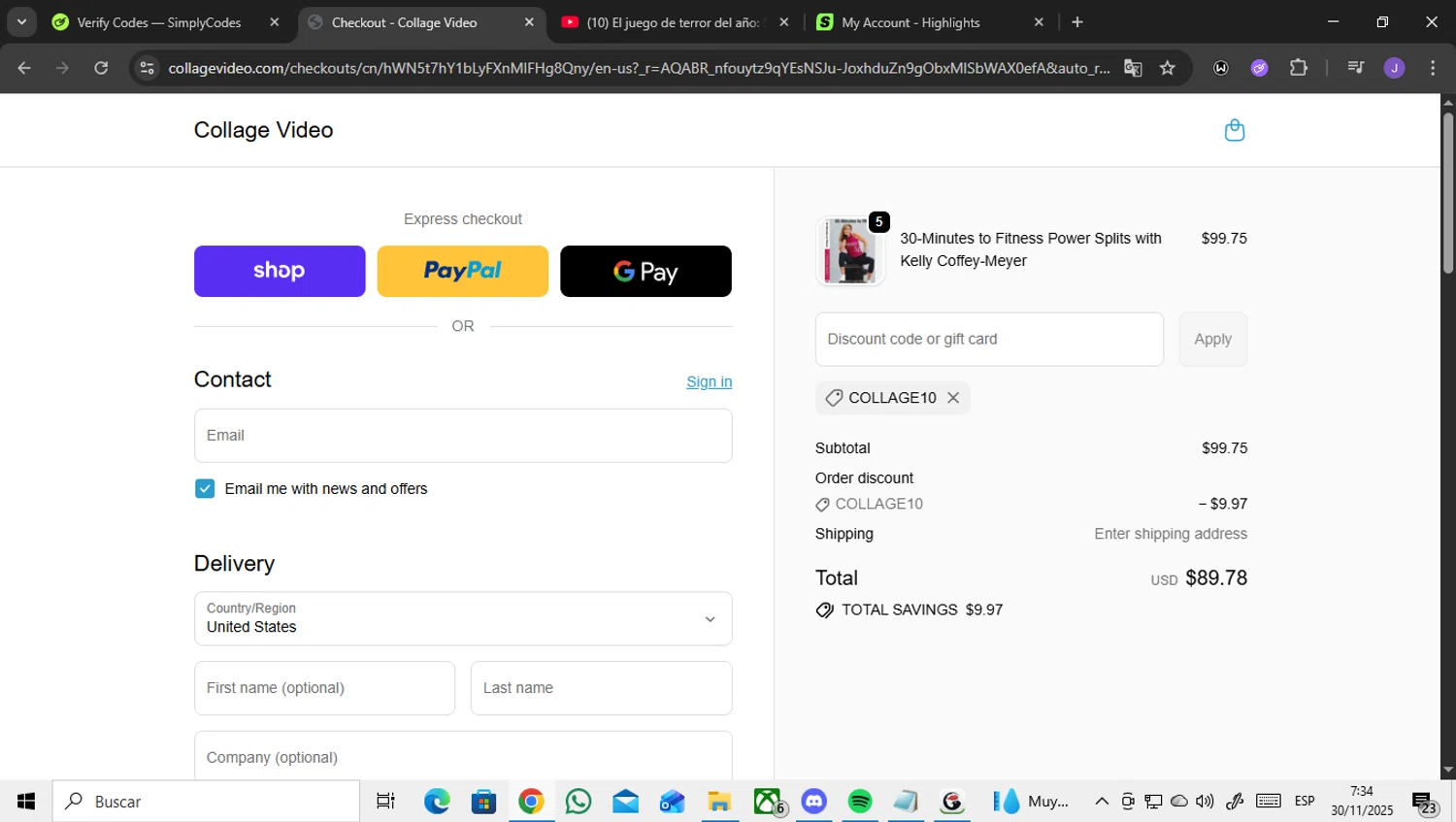Collage Video promo code screenshot showing code COLLAGE10 applied at Collage Video checkout page. Uploaded by SimplyCodes community member ENCARAMESSI on Nov 30, 2025