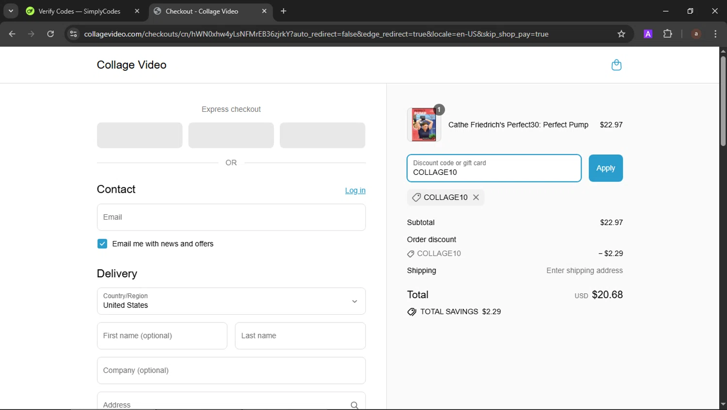 Collage Video promo code screenshot showing code COLLAGE10 applied at Collage Video checkout page. Uploaded by SimplyCodes community member b3stia_1 on Jul 23, 2025