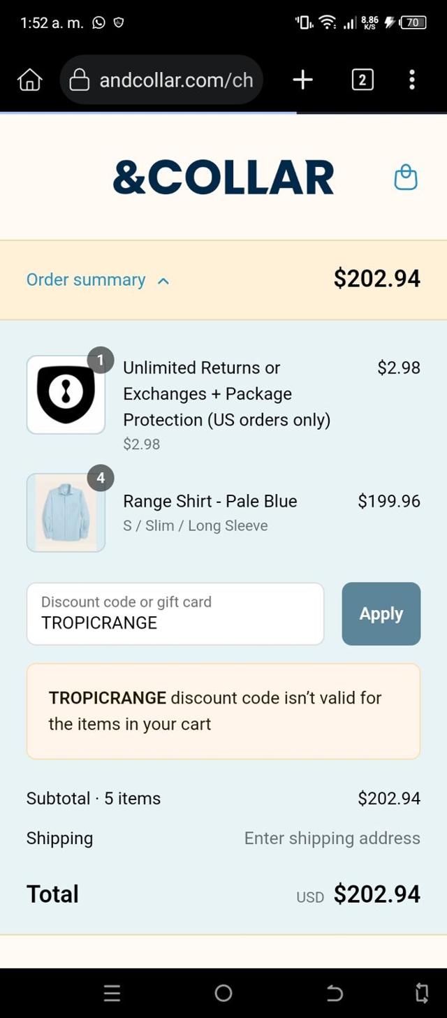 &Collar checkout page showing &Collar discount code box | Screenshot taken by SimplyCodes community member on Sep 15, 2025