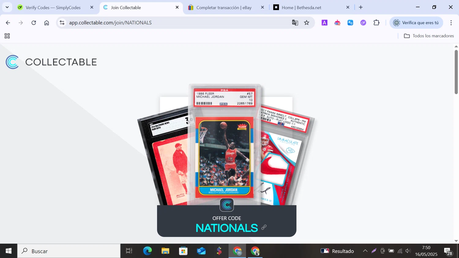 Collectable promo code screenshot showing code NATIONALS applied at Collectable checkout page. Uploaded by SimplyCodes community member MANUELURBINA on May 16, 2025