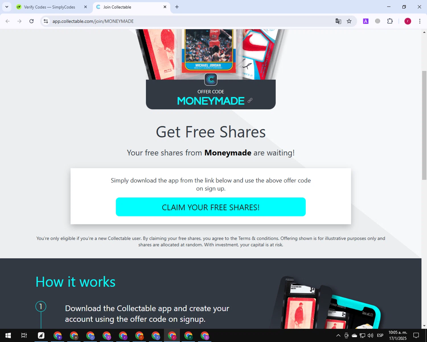 Collectable promo code screenshot showing code MONEYMADE applied at Collectable checkout page. Uploaded by SimplyCodes community member TreasureExpert7530 on Jan 17, 2025