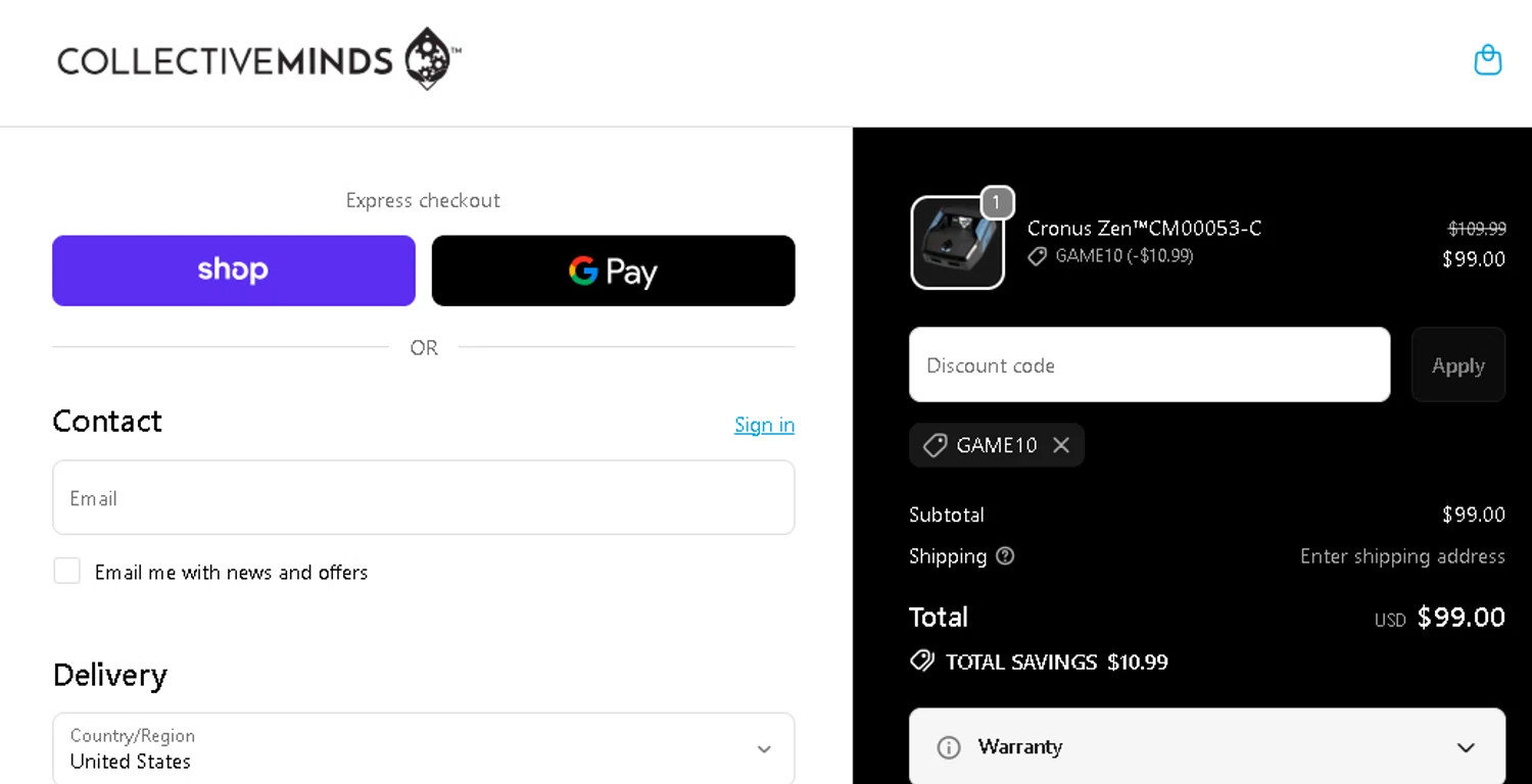 Collective Minds Store discount code screenshot showing code GAME10 applied at Collective Minds Store checkout page. Uploaded by SimplyCodes community member CRYSTALSUICINE on Nov 10, 2025