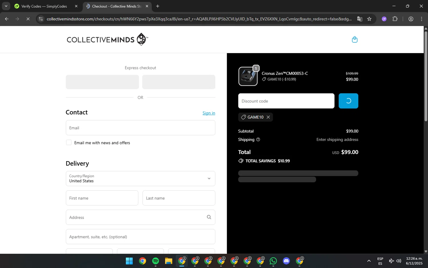 Collective Minds Store discount code screenshot showing code GAME10 applied at Collective Minds Store checkout page. Uploaded by SimplyCodes community member JHDELACRUZ on Dec 6, 2025