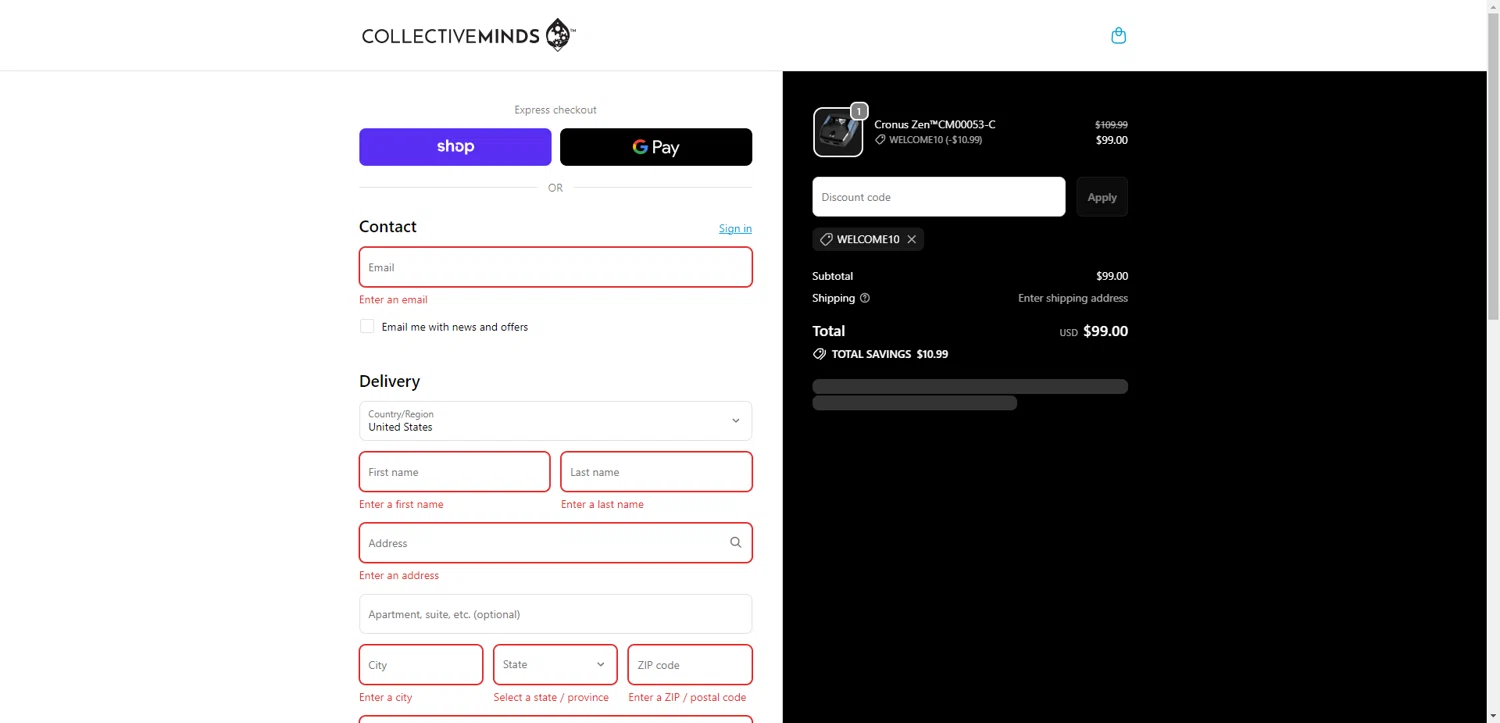 Collective Minds Store discount code screenshot showing code WELCOME10 applied at Collective Minds Store checkout page. Uploaded by SimplyCodes community member CodeGuardian5312 on Nov 25, 2025