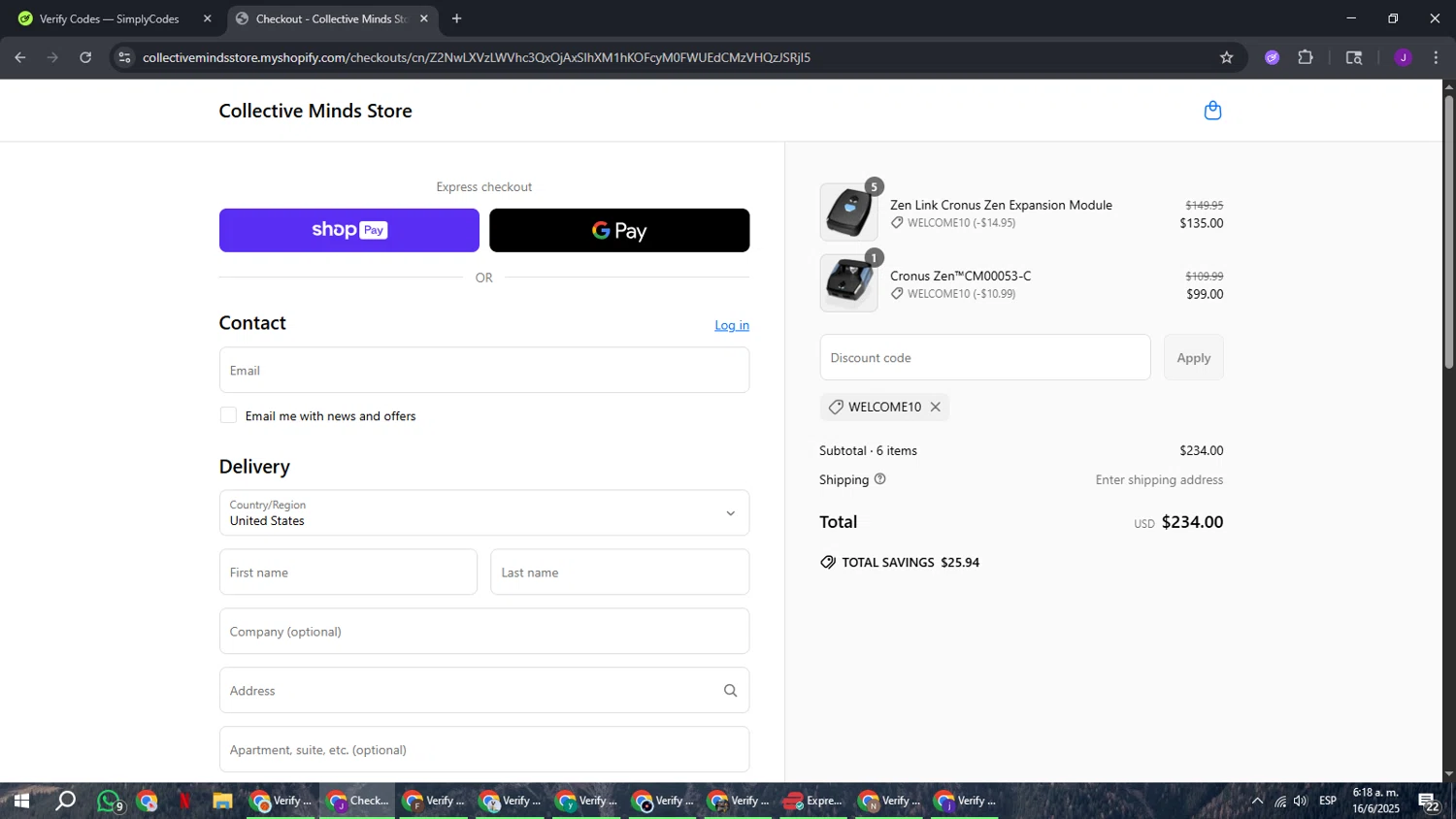 Collective Minds Store discount code screenshot showing code WELCOME10 applied at Collective Minds Store checkout page. Uploaded by SimplyCodes community member ComeBurra123 on Jun 16, 2025