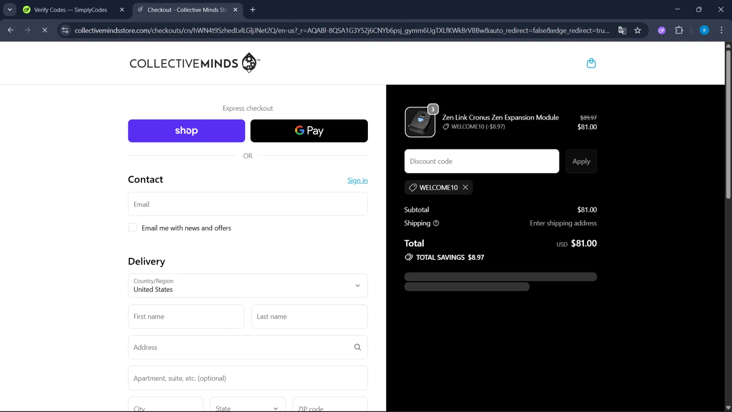 Collective Minds Store discount code screenshot showing code WELCOME10 applied at Collective Minds Store checkout page. Uploaded by SimplyCodes community member WiseHawk9255 on Nov 4, 2025