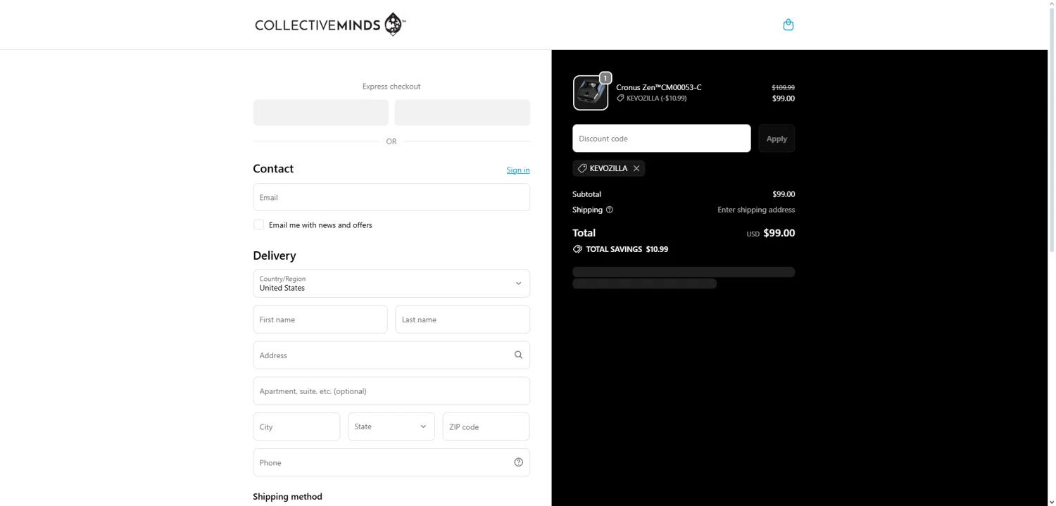 Collective Minds Store discount code screenshot showing code KEVOZILLA applied at Collective Minds Store checkout page. Uploaded by SimplyCodes community member Dorothy on Dec 28, 2025