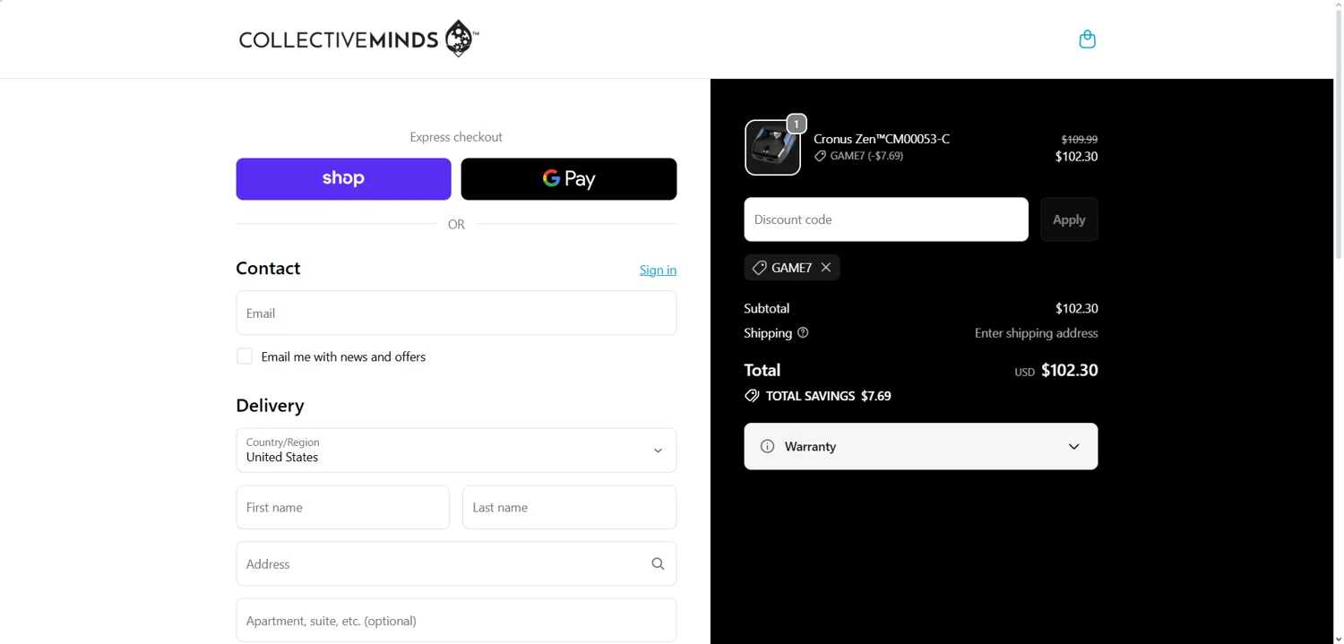 Collective Minds Store discount code screenshot showing code game7 applied at Collective Minds Store checkout page. Uploaded by SimplyCodes community member Dorothy on Dec 22, 2025
