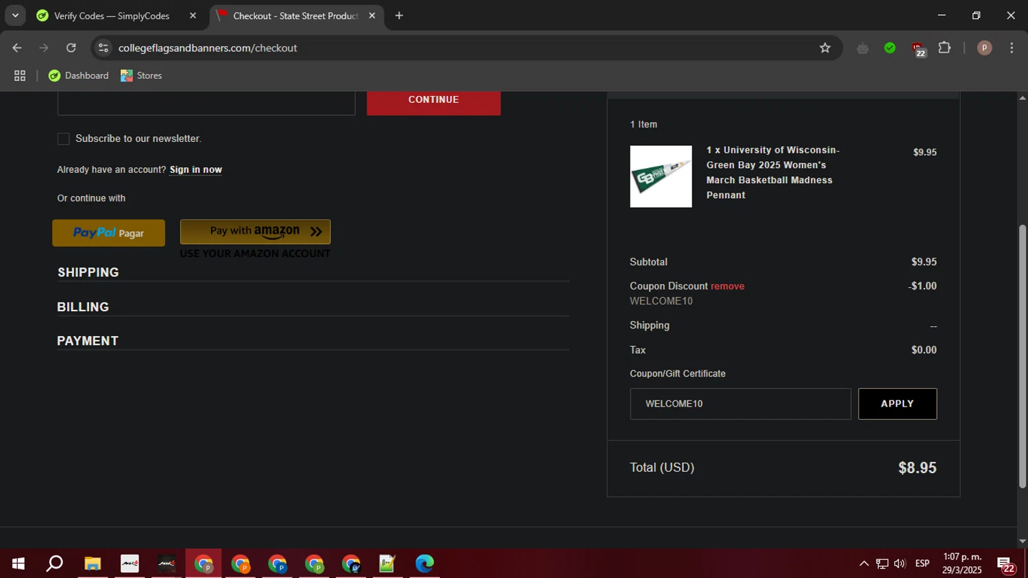 College Flags & Banners checkout page showing College Flags & Banners promo code box | Screenshot taken by SimplyCodes community member on Mar 29, 2025