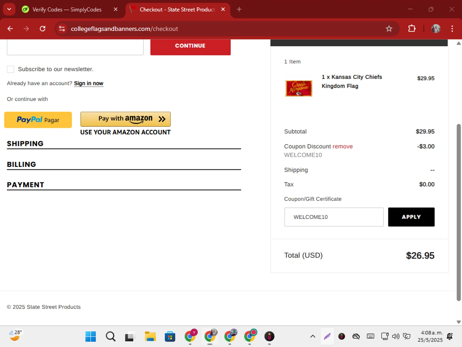 College Flags & Banners promo code screenshot showing code WELCOME10 applied at College Flags & Banners checkout page. Uploaded by SimplyCodes community member ShrewdSeeker5445 on May 25, 2025