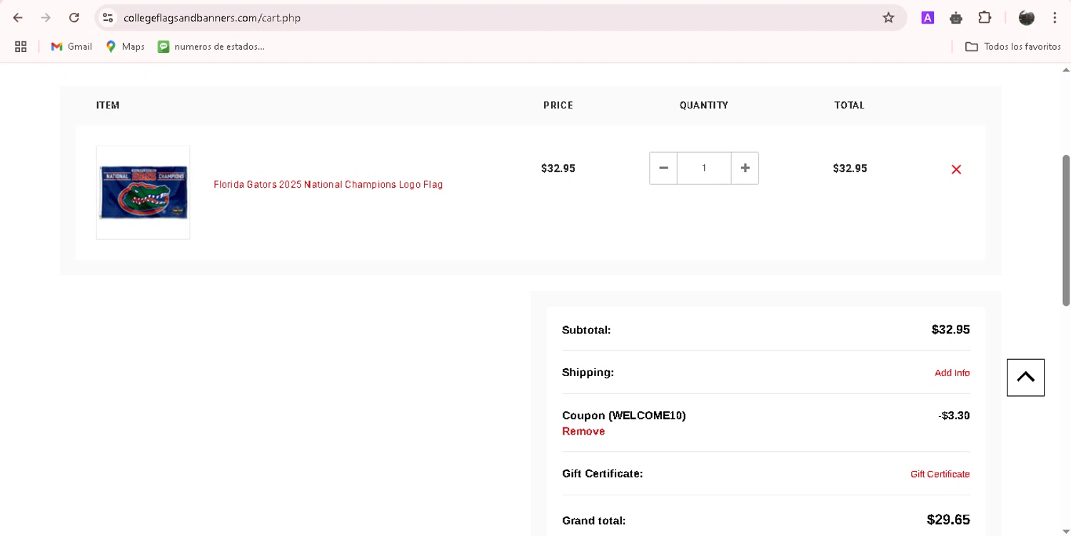 College Flags & Banners promo code screenshot showing code WELCOME10 applied at College Flags & Banners checkout page. Uploaded by SimplyCodes community member adrianvasquez1 on Apr 27, 2025