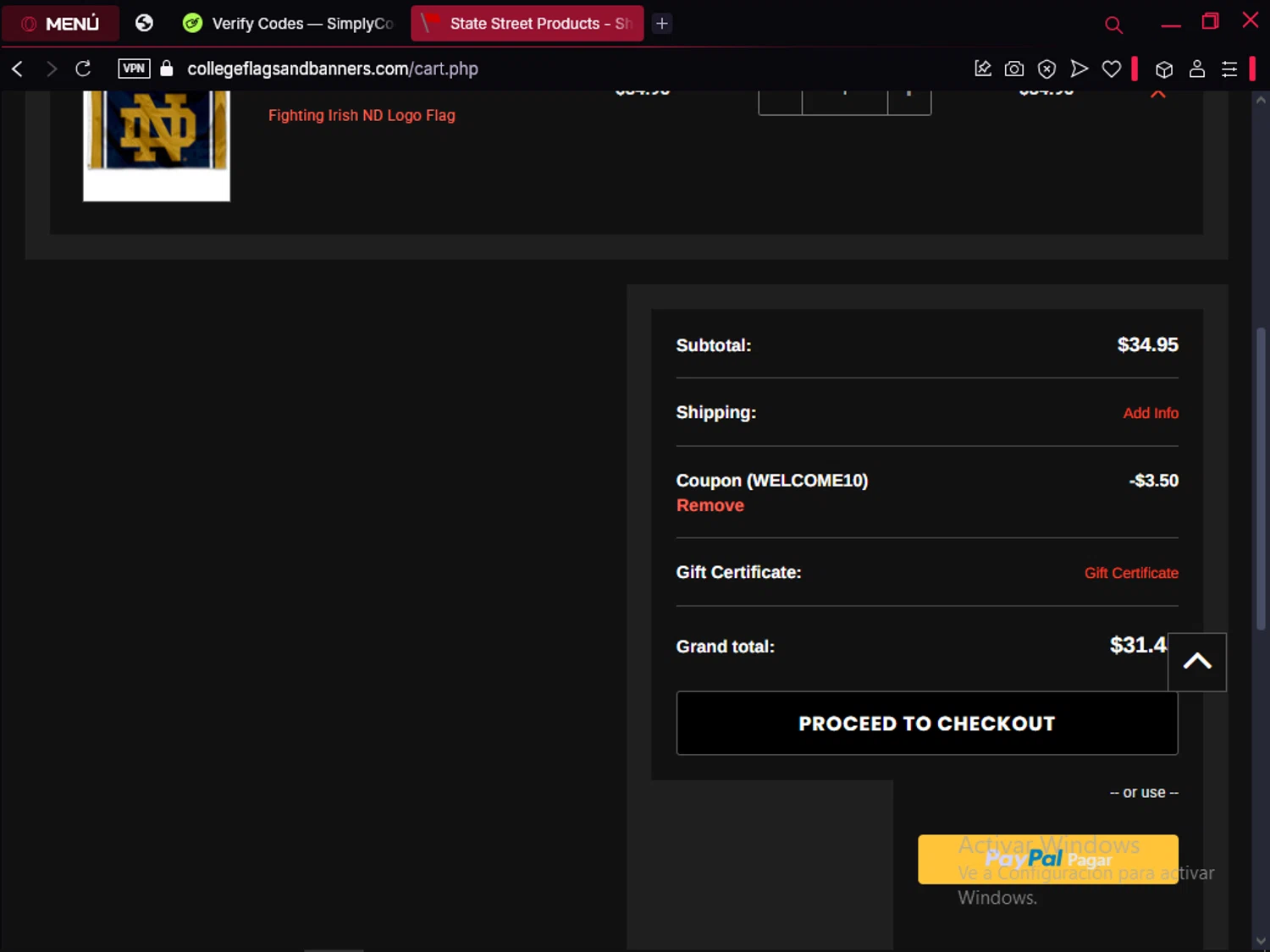 College Flags & Banners checkout page showing College Flags & Banners promo code box | Screenshot taken by SimplyCodes community member on Apr 8, 2025