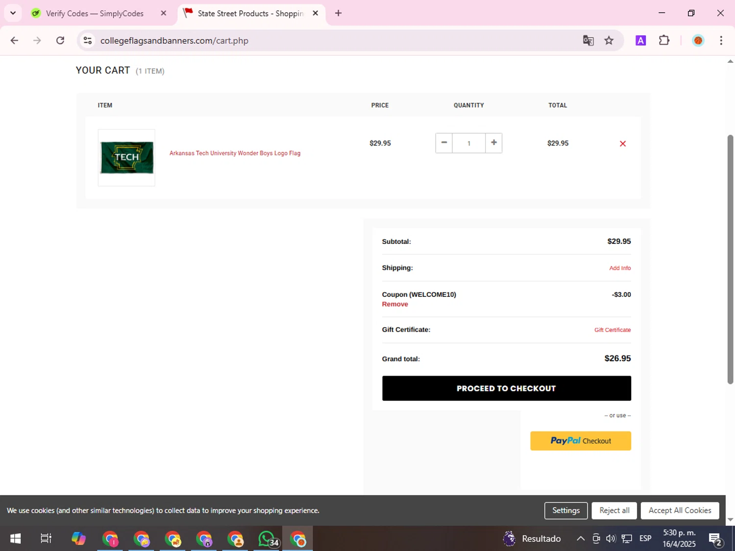 College Flags & Banners promo code screenshot showing code WELCOME10 applied at College Flags & Banners checkout page. Uploaded by SimplyCodes community member ShieldDefender9117 on Apr 16, 2025