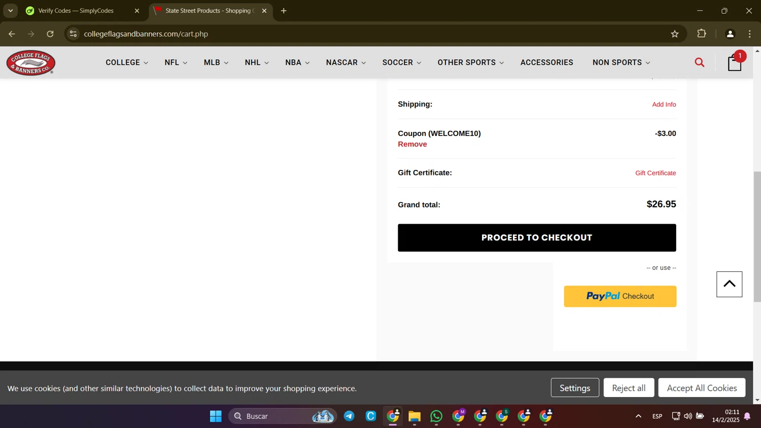 College Flags & Banners checkout page showing College Flags & Banners promo code box | Screenshot taken by SimplyCodes community member on Feb 14, 2025
