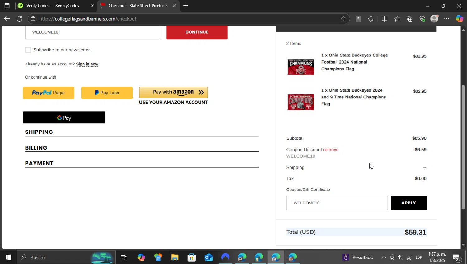 College Flags & Banners checkout page showing College Flags & Banners promo code box | Screenshot taken by SimplyCodes community member on Mar 1, 2025