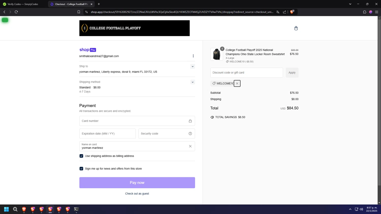 College Football Playoff Shop promo code screenshot showing code WELCOME10 applied at College Football Playoff Shop checkout page. Uploaded by SimplyCodes community member usercod909090 on Jan 23, 2025