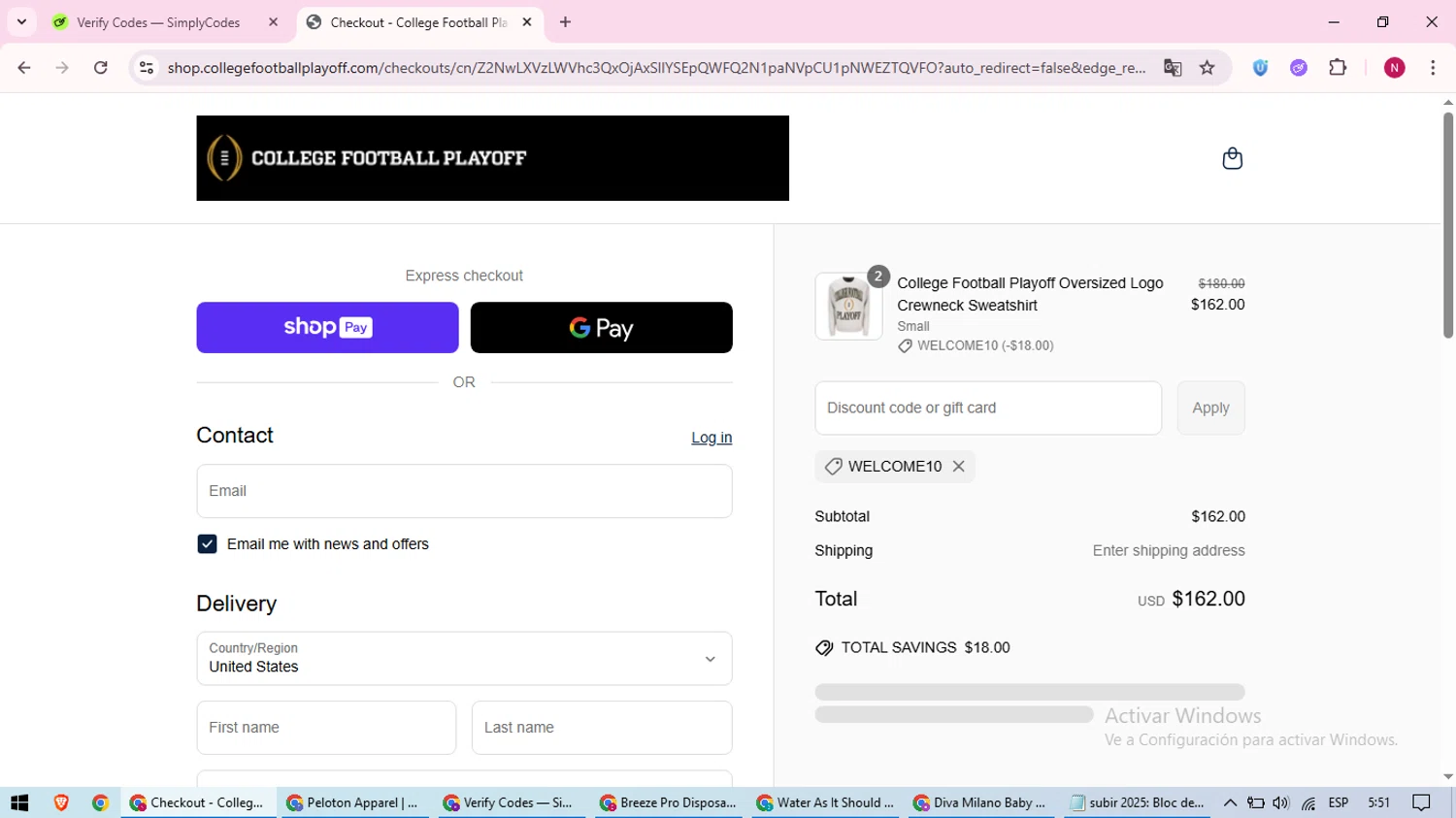 College Football Playoff Shop promo code screenshot showing code WELCOME10 applied at College Football Playoff Shop checkout page. Uploaded by SimplyCodes community member CoinWizard8578 on Jun 29, 2025