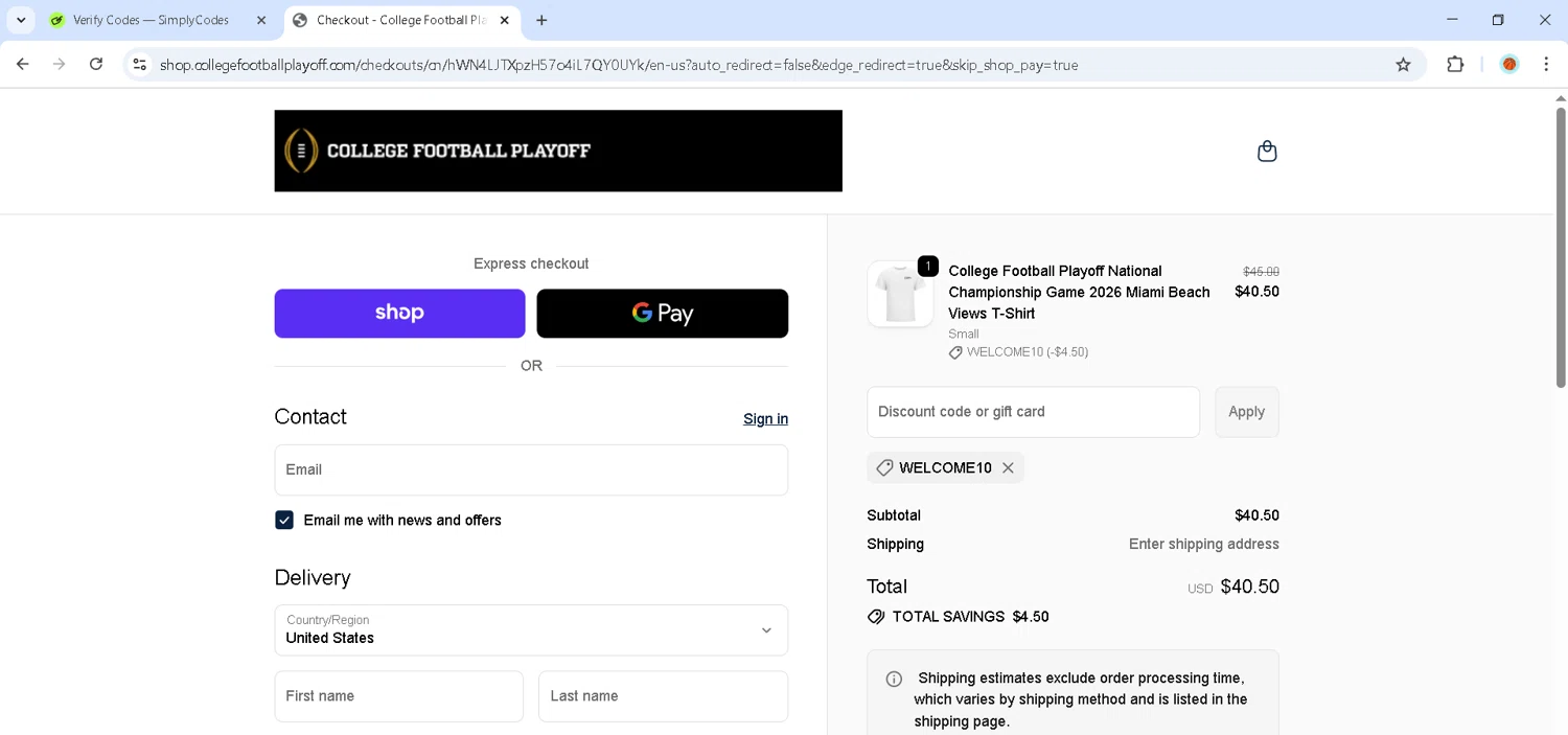 College Football Playoff Shop promo code screenshot showing code WELCOME10 applied at College Football Playoff Shop checkout page. Uploaded by SimplyCodes community member MadaraUchiha07 on Oct 20, 2025