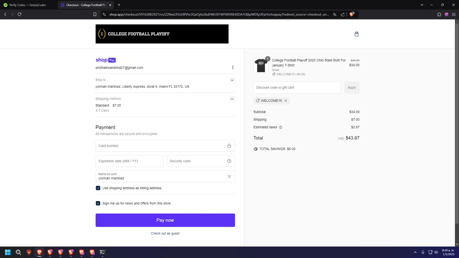 College Football Playoff Shop promo code screenshot showing code WELCOME15 applied at College Football Playoff Shop checkout page. Uploaded by SimplyCodes community member MRYORMAN on Jan 1, 2025