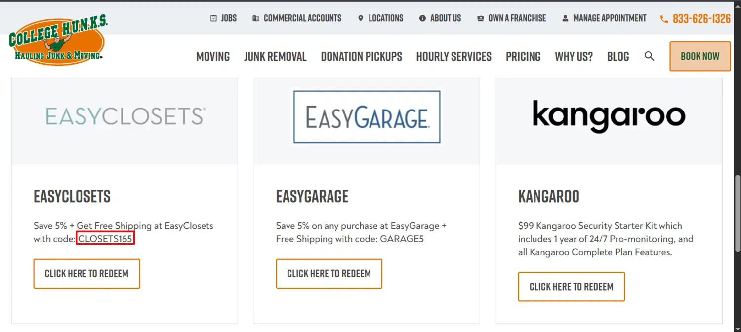 College HUNKS promo code screenshot showing code CLOSETS165 applied at College HUNKS checkout page. Uploaded by SimplyCodes community member noworries on Sep 3, 2025