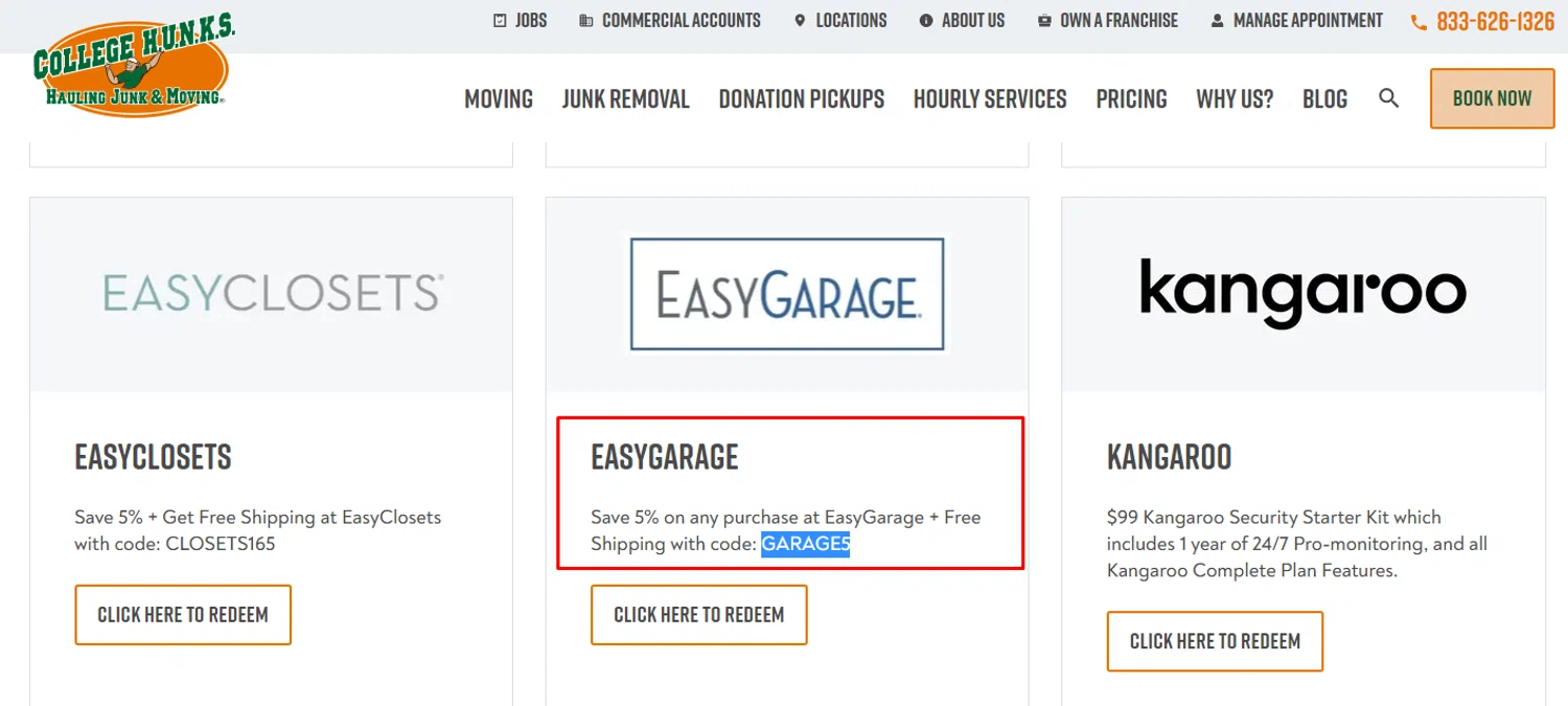 College HUNKS promo code screenshot showing code GARAGE5 applied at College HUNKS checkout page. Uploaded by SimplyCodes community member RonaldAcunaJr on Jan 22, 2026