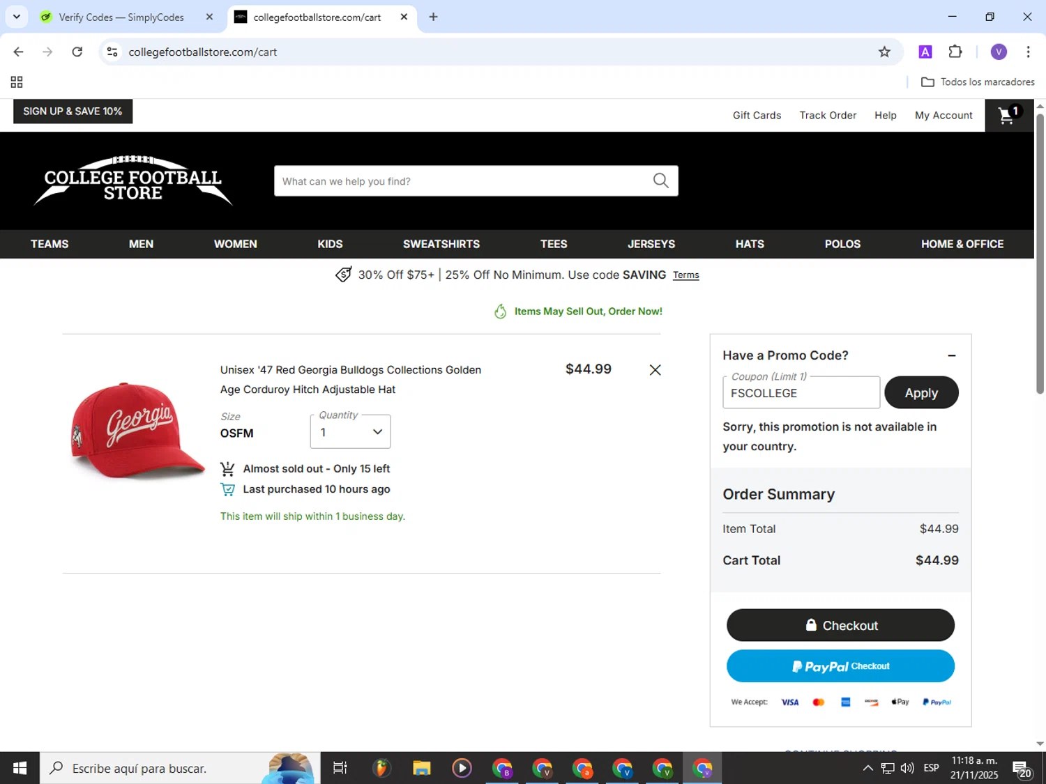 College Football Store coupon code screenshot showing code fscollege applied at College Football Store checkout page. Uploaded by SimplyCodes community member Gianpiero on Nov 21, 2025