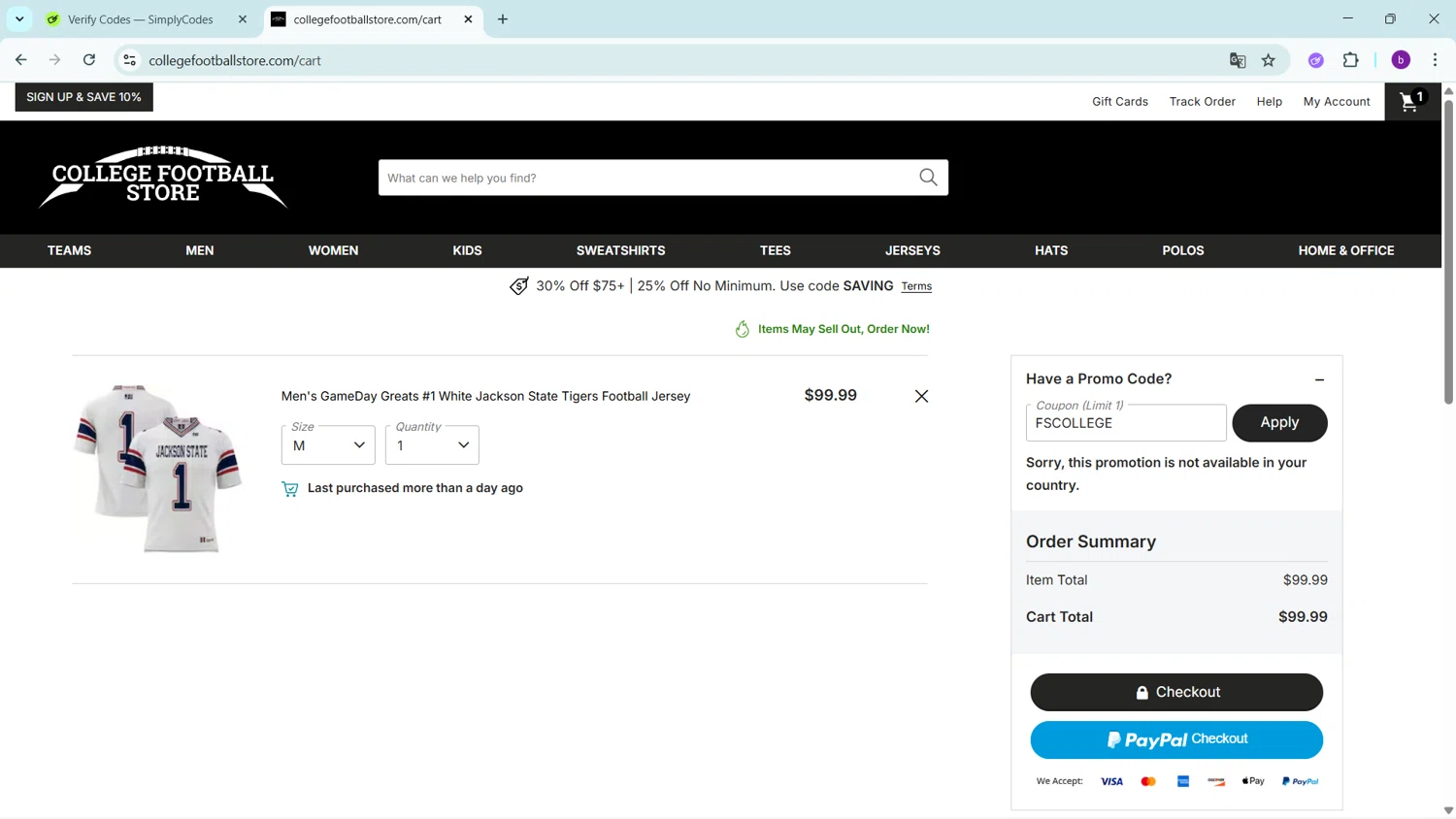 College Football Store coupon code screenshot showing code fscollege applied at College Football Store checkout page. Uploaded by SimplyCodes community member RoyalSleuth2430 on Nov 21, 2025