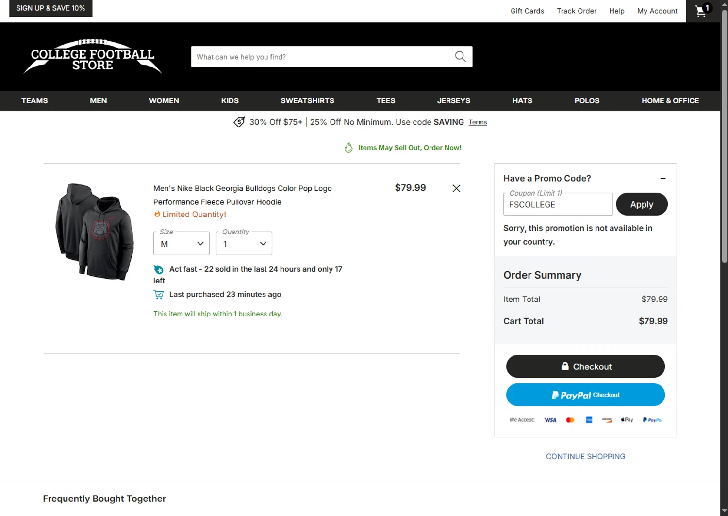 College Football Store coupon code screenshot showing code fscollege applied at College Football Store checkout page. Uploaded by SimplyCodes community member SalePhoenix2220 on Nov 21, 2025