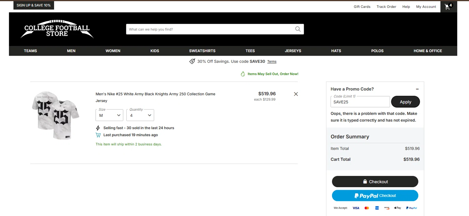 College Football Store coupon code screenshot showing code SAVE25 applied at College Football Store checkout page. Uploaded by SimplyCodes community member CleverPioneer1687 on Dec 15, 2025