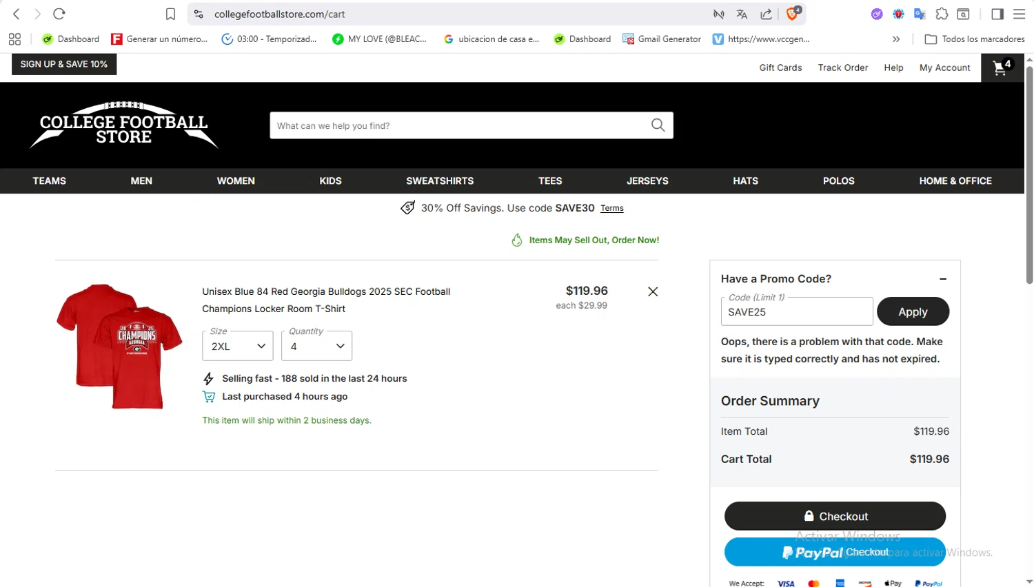 College Football Store coupon code screenshot showing code SAVE25 applied at College Football Store checkout page. Uploaded by SimplyCodes community member VoucherFalcon3942 on Dec 15, 2025