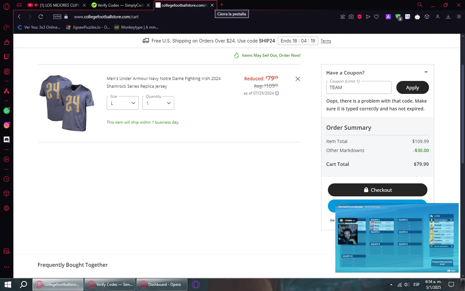 College Football Store coupon code screenshot showing code TEAM applied at College Football Store checkout page. Uploaded by SimplyCodes community member WalterWhite on Jan 5, 2025