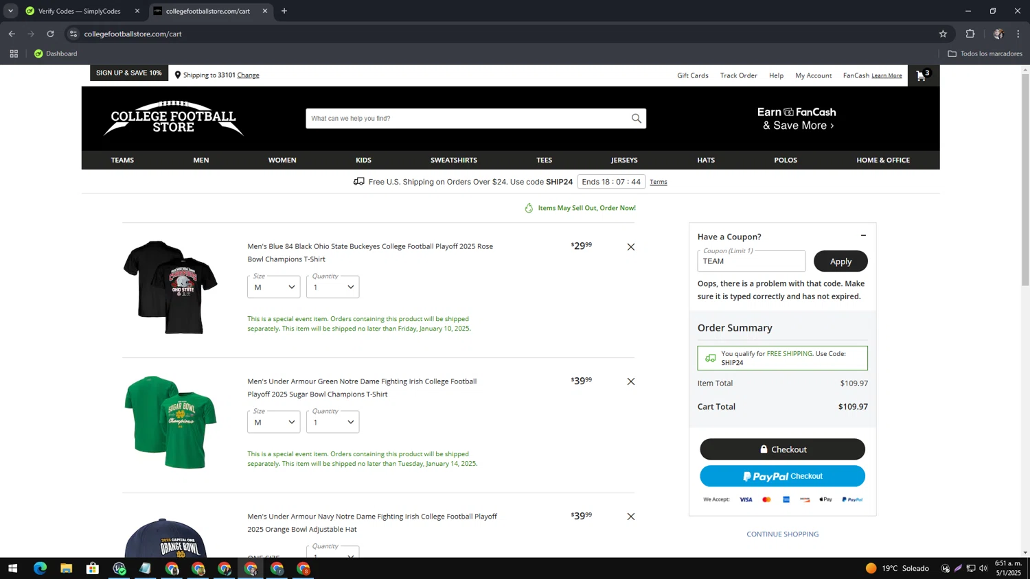 College Football Store coupon code screenshot showing code TEAM applied at College Football Store checkout page. Uploaded by SimplyCodes community member MagnificentAce6663 on Jan 5, 2025