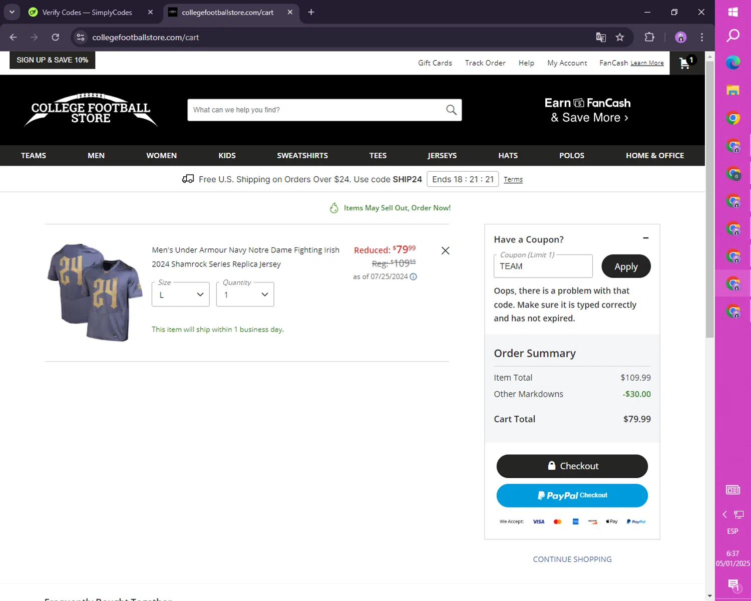 College Football Store coupon code screenshot showing code TEAM applied at College Football Store checkout page. Uploaded by SimplyCodes community member mileSalima on Jan 5, 2025