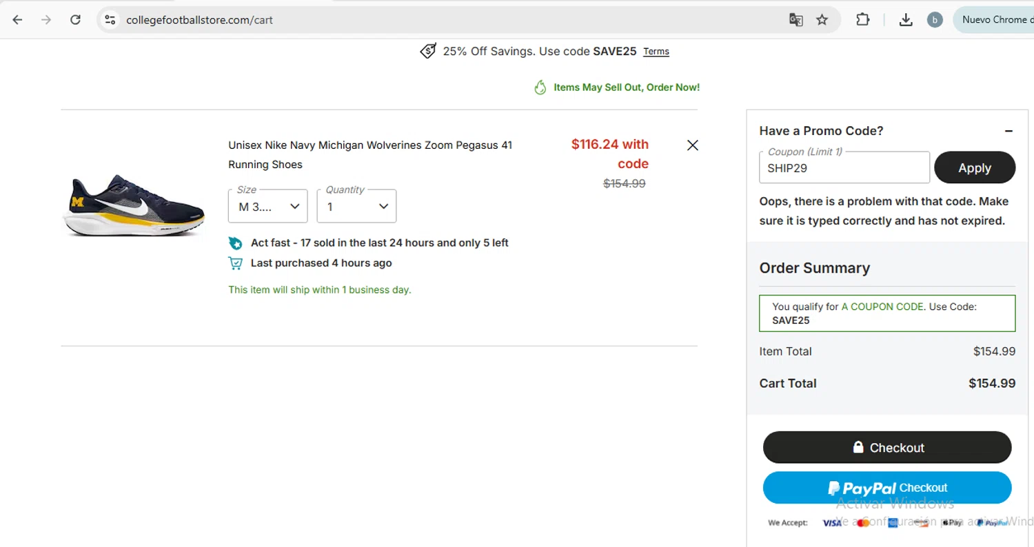 College Football Store coupon code screenshot showing code ship29 applied at College Football Store checkout page. Uploaded by SimplyCodes community member barbiem on Nov 26, 2025