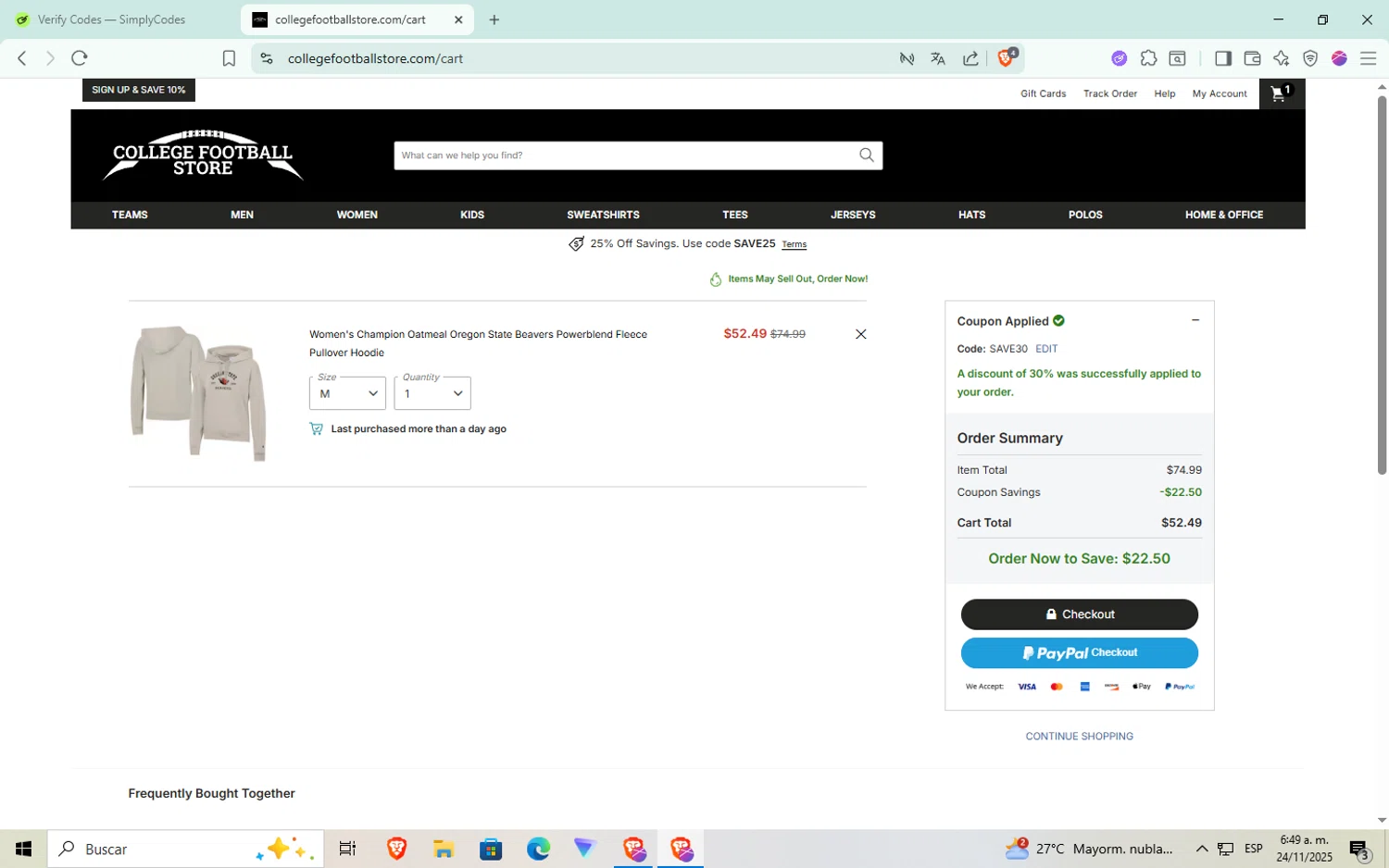 College Football Store checkout page showing College Football Store coupon code box | Screenshot taken by SimplyCodes community member on Nov 24, 2025